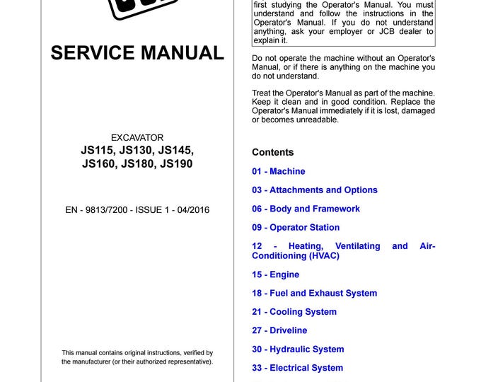 JCB EXCAVATOR JS115, JS130, JS145, JS160, JS180, JS190 - Service Manual - Parts Manual - Owners Manual (Pdf Download)