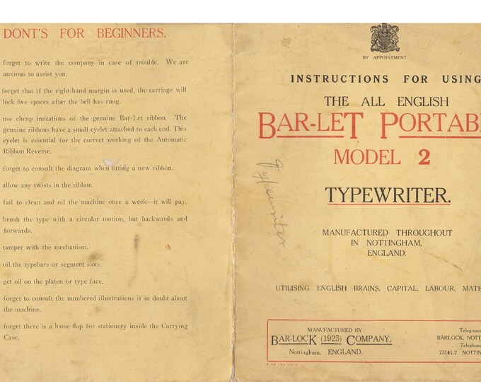 Bar-Let 2 Typewriter Instruction Manual - User Manual - Complete User Guide