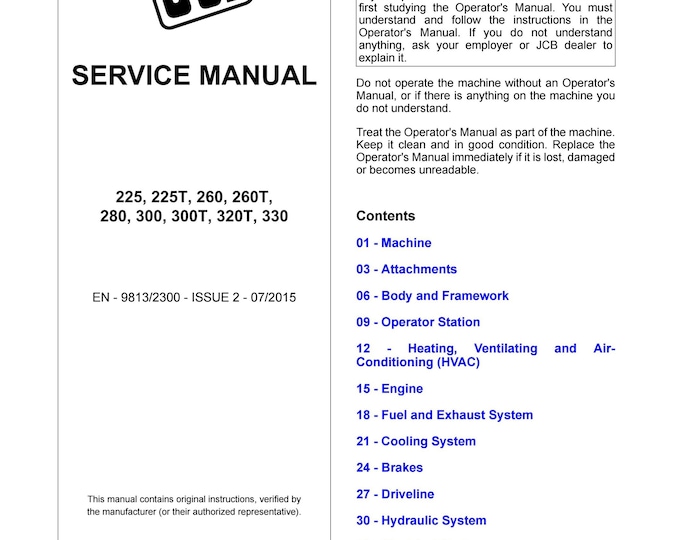 JCB 225, 225T, 260, 260T, 280, 300, 300T, 320T, 330 - Service Manual - Parts Manual - Owners Manual (PDF Download)