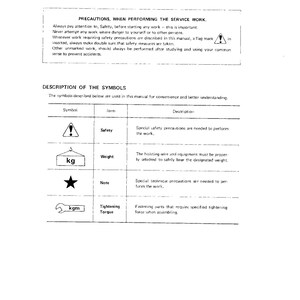 May include: A black and white illustration of symbols used in a service manual. The symbols represent safety, weight, notes, and tightening torque. The text "PRECAUTIONS, WHEN PERFORMING THE SERVICE WORK" is at the top of the image.