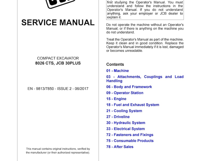JCB Compact Excavator 8026 CTS 30PLUS Service Manual (PDF Download)
