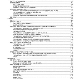 May include: A black and white table of contents page for a manual. The page lists the different sections of the manual, including safety information, operation, and maintenance. The page also includes a title, "Contents", and a reference number, "PC-0310-001-4-00-A".