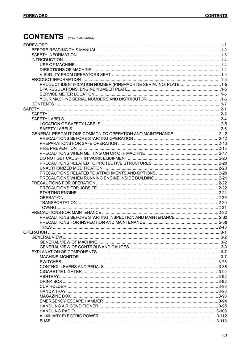May include: A black and white table of contents page for a manual. The page lists the different sections of the manual, including safety information, operation, and maintenance. The page also includes a title, "Contents", and a reference number, "PC-0310-001-4-00-A".