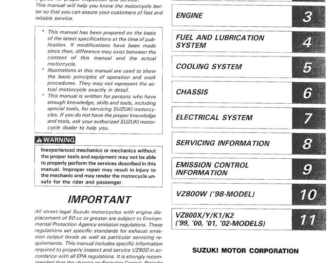 Suzuki VZ 800 Maraude 1997 2002 -Service Manual - Parts Manual - Owner manual - Pdf Download