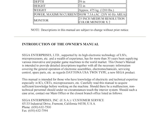 SEGA - DAYTONA USA - Twin- Service Manual - Parts Manual - Owner manual -  Pdf Download