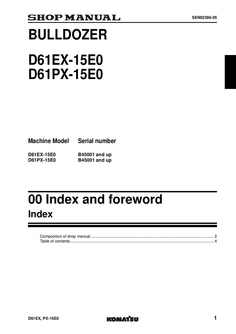 Op de afbeelding: Zwart-witte handleiding voor een Komatsu D61EX-15E0 en D61PX-15E0 bulldozer. De handleiding bevat een index en een inhoudsopgave. Het serienummer begint bij B45001.