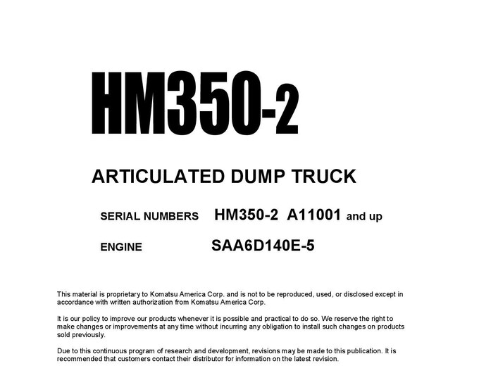 Komatsu HM350-2 Articulated Dump Truck Shop Manual - Workshop Manual - Service Manual - English
