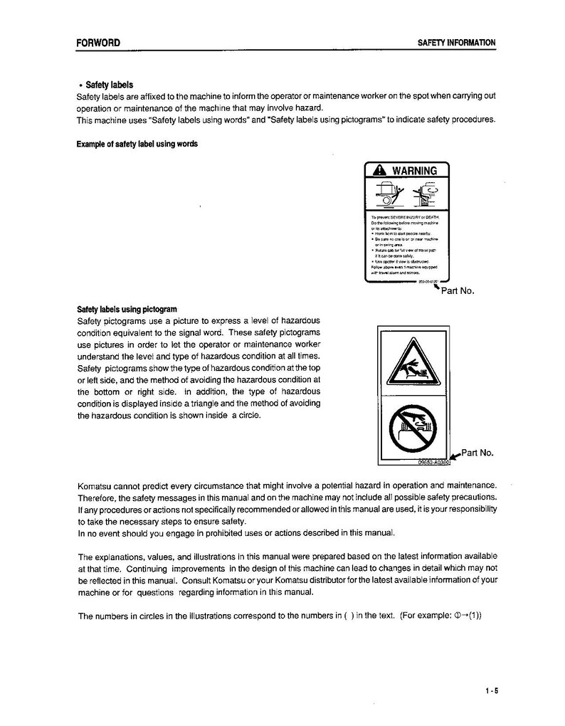 K&ouml;nnte beinhalten: Eine Schwarzwei&szlig;illustration eines Sicherheitswarnschilds mit einem roten Kreis und einer diagonalen Linie durch ein Bild einer Person, die eine Maschine bedient. Der Text "Part No." steht neben dem Schild. Der Text "Safety Information" steht oben auf der Seite.
