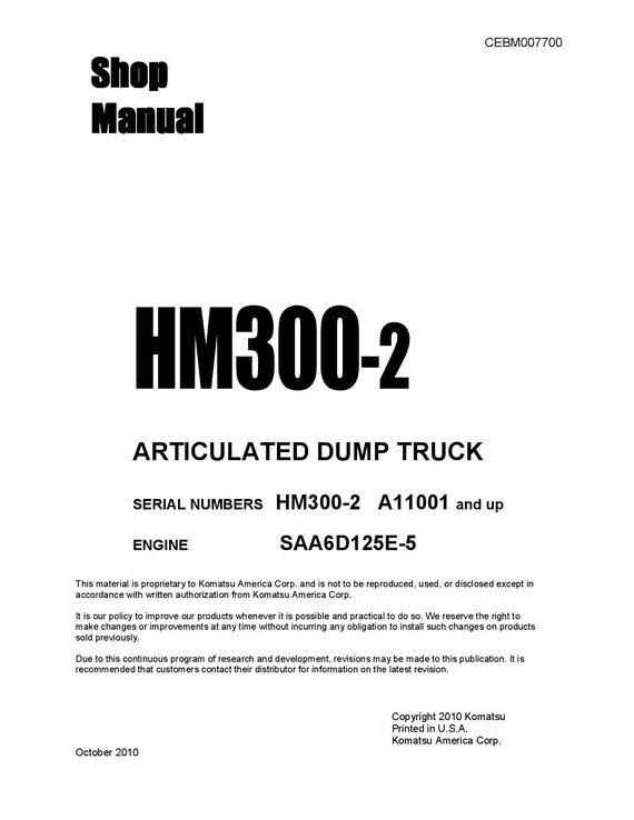 Komatsu HM300-2 Articulated Dump Truck Shop Manual (PDF Download)