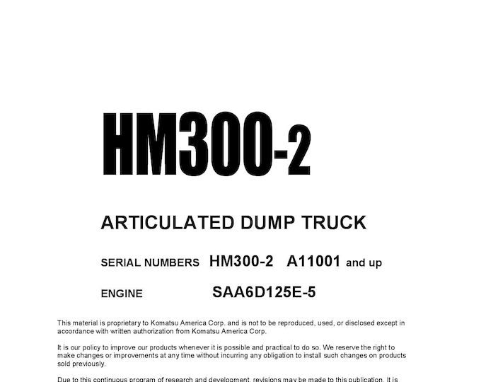 Komatsu HM300-2 Articulated Dump Truck Shop Manual - Workshop Manual - Service Manual - English