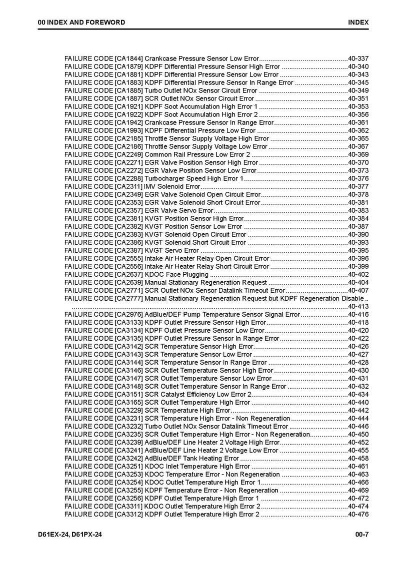 May include: A black and white document with a list of failure codes and their corresponding descriptions. The codes are listed in numerical order and include information about the KDPF, SCR, EGR, KVGT, and AdBlue/DEF systems.