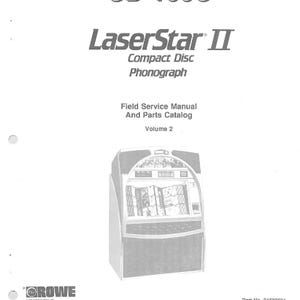 May include: A black and white image of a CD-100C LaserStar II Compact Disc Phonograph. The image shows the front of the jukebox with a black and white image of a person on the screen. The text "CD-100C" is at the top of the image. The text "LaserStar II" is below the CD-100C text. The text "Compact Disc Phonograph" is below the LaserStar II text. The text "Field Service Manual And Parts Catalog" is below the Compact Disc Phonograph text. The text "Volume 2" is below the Field Service Manual And Parts Catalog text. The text "Part No. 21822621" is at the bottom right of the image. The text "Second Edition" is below the Part No. text. The text "First Printing July 1992" is below the Second Edition text.