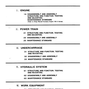 May include: A black and white document with a list of maintenance instructions for different parts of a machine. The document is divided into sections, including Engine, Power Train, Undercarriage, Hydraulic System, and Work Equipment. Each section lists the steps for disassembling, assembling, and maintaining the corresponding part.