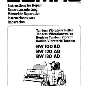 Peut inclure: Un schéma en noir et blanc d'un rouleau vibrant tandem BOMAG, modèle BW 130 AD. L'image comprend du texte en plusieurs langues, dont "Instructions for Repair" et "Rouleau Tandem Vibrant."