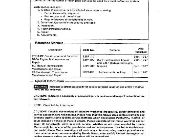 Honda Prelude 1991-1996 - Service Manual - Parts Manual - Owner manual - Pdf Download