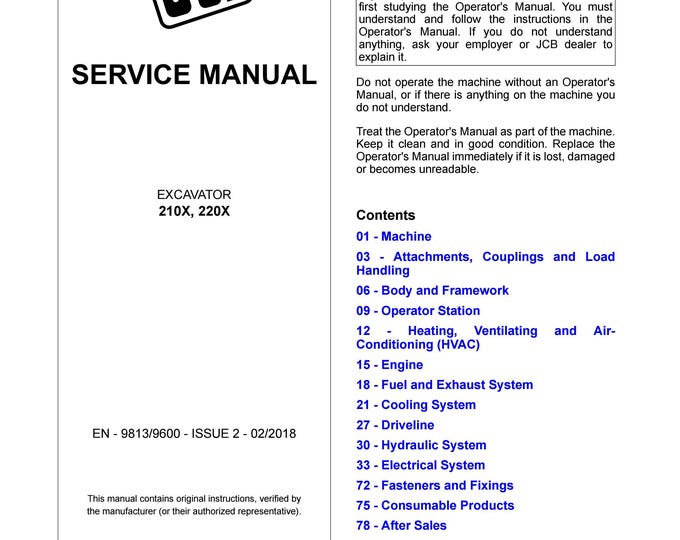JCB EXCAVATOR 210X, 220X -Service Manual - Owners Manual (Pdf Download)