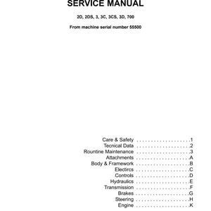 Puede incluir: Un manual de servicio blanco para una cargadora excavadora. La portada dice "EXCAVATOR LOADER SERVICE MANUAL" con números de modelo y un número de serie. El índice enumera secciones como "Care & Safety" y "Engine".