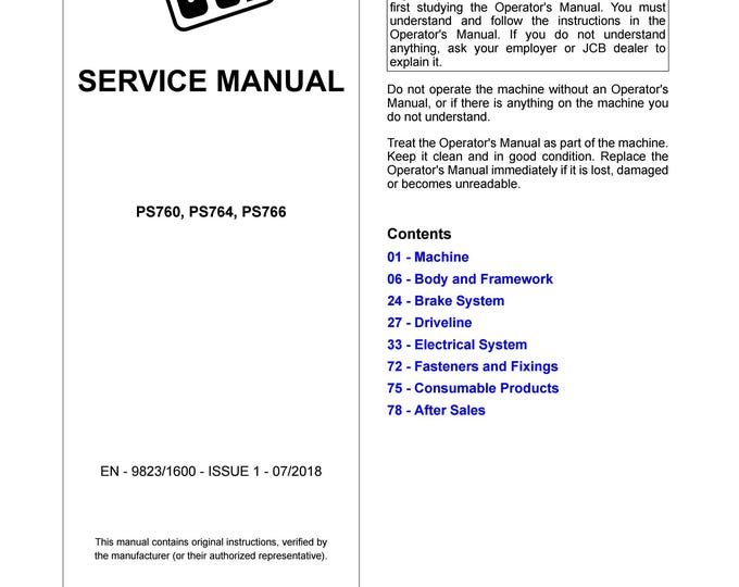 JCB PS760, PS764, PS766 - Service Manual - Owners Manual (Pdf Download)