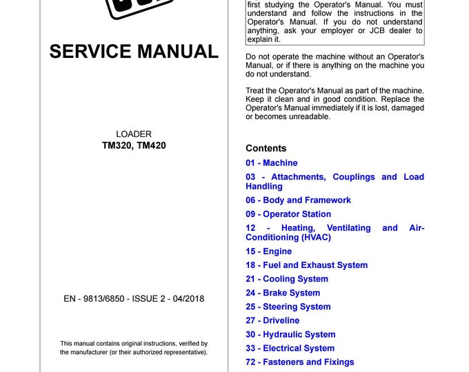 JCB LOADER TM320, TM420 - Service Manual - Parts Manual - Owners Manual (Pdf Download)