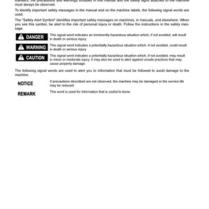 May include: Safety information page with a black and white illustration of a warning sign. The text includes the words "Danger", "Warning", and "Caution" with descriptions of each signal word. The page also includes the words "Notice" and "Remark" with descriptions of each signal word.