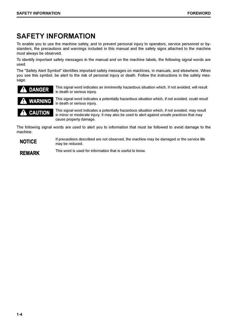 May include: Safety information page with a black and white illustration of a warning sign. The text includes the words "Danger", "Warning", and "Caution" with descriptions of each signal word. The page also includes the words "Notice" and "Remark" with descriptions of each signal word.