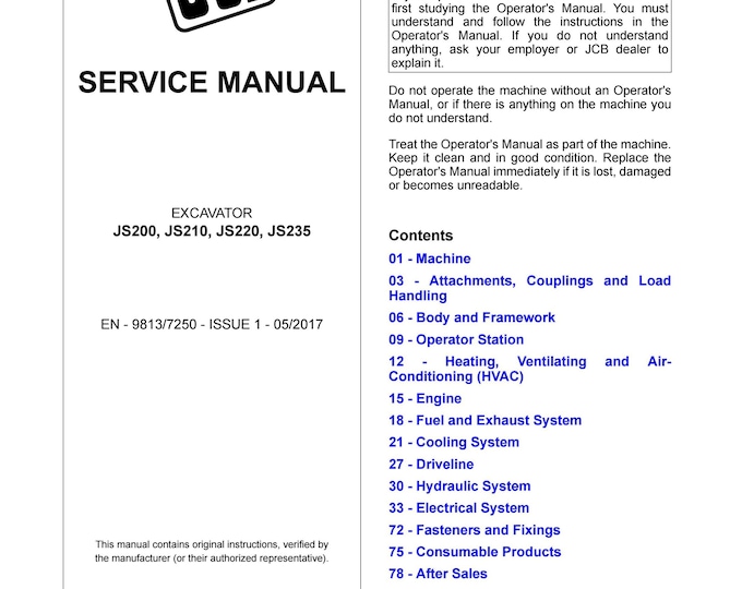 JCB EXCAVATOR JS200, JS210, JS220, JS235 - Service Manual - Parts Manual - Owners Manual (Pdf Download)
