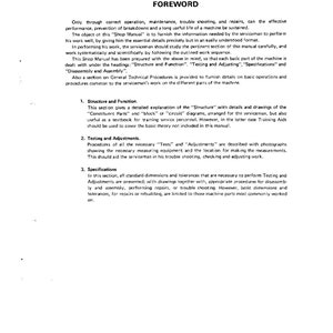 May include: A black and white page with the title "Foreword" and text explaining the different sections of a shop manual. The sections include "Structure and Function", "Testing and Adjustments", "Specifications", and "Disassembly and Assembly".