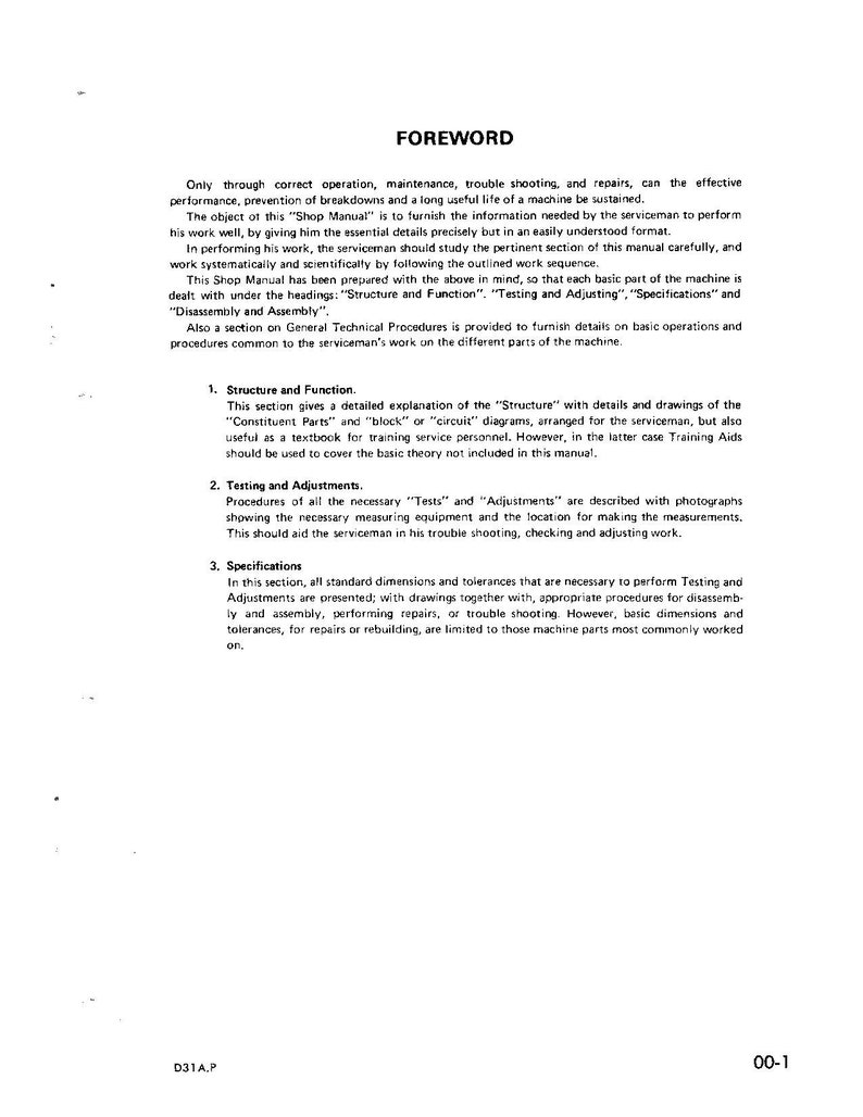 May include: A black and white page with the title "Foreword" and text explaining the different sections of a shop manual. The sections include "Structure and Function", "Testing and Adjustments", "Specifications", and "Disassembly and Assembly".