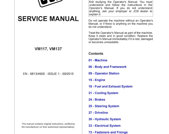 JCB VM117, VM137 -Service Manual - Parts Manual - Owners Manual (Pdf Download)