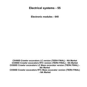 May include: White background with the CASE CONSTRUCTION logo in black and gold. Text includes "Electrical systems - 55" and "Electronic modules - 640". Below are excavator model details, including "CX490D" and "CX500D" models.