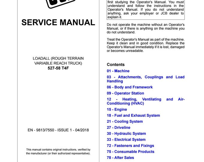 JCB LOADALL  527-58 T4F- Service Manual - Owners Manual (Pdf Download)