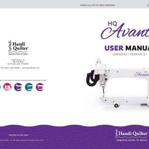 May include: A white longarm quilting machine with a black arm and a purple logo that says "HQ Avanté" on the side. The machine is on a white background with a purple border. The text "Handi Quilter" is at the bottom of the image.