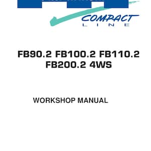 May include: A black and white workshop manual for Fiat-Hitachi Compact Line models FB90.2, FB100.2, FB110.2, and FB200.2 4WS. The manual was printed in 2000.