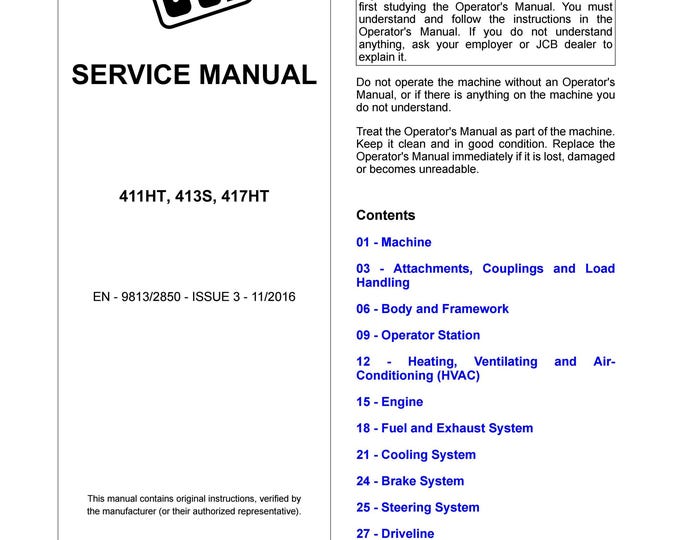 JCB 411HT, 413S, 417HT -Service Manual - Parts Manual - Owners Manual (PDF Download)