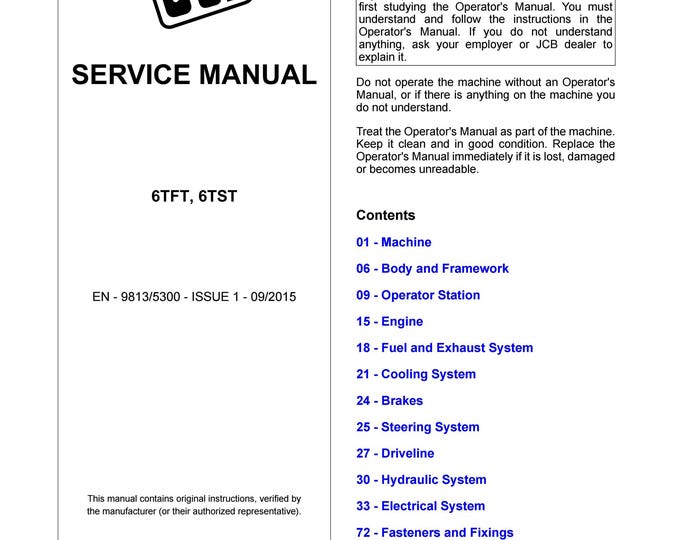 JCB 6TFT 6TST Service Parts Owners Manual (PDF Download)