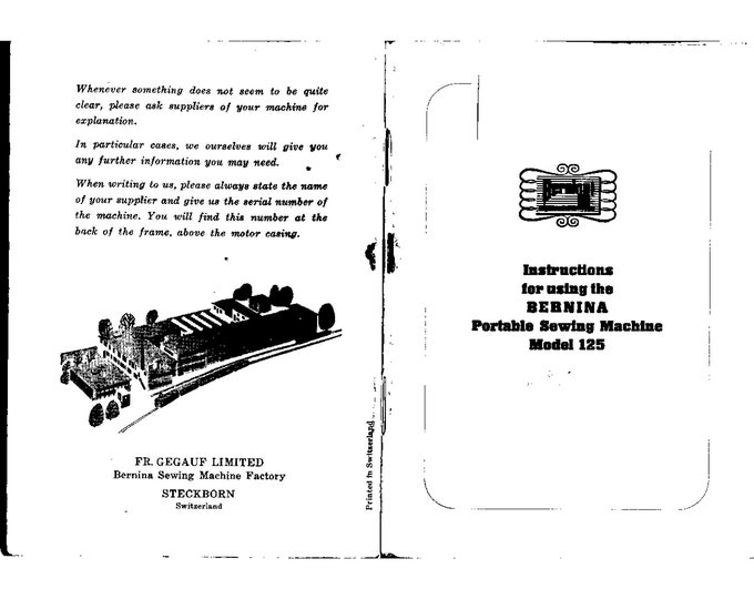 Bernina 125 Sewing Machine Instruction Manual - User Manual - Complete User Guide - English