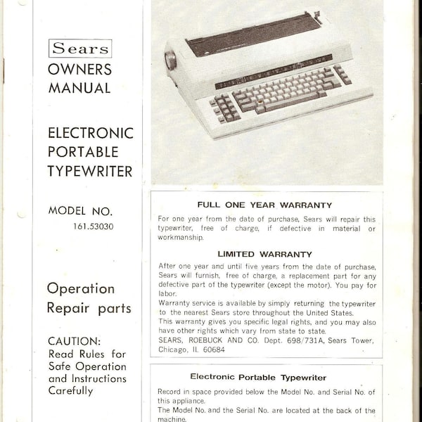 Sears Electronic Communicator Typewriter Instruction Manual - User Manual - Complete User Guide