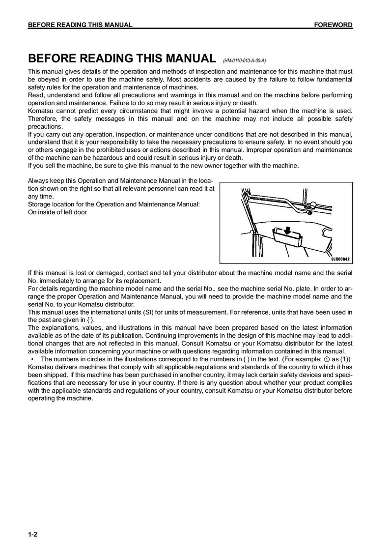May include: A black and white image of a manual with the title "Before Reading This Manual" and the text "HM-0110-010-4-00-A" in the top right corner. The manual provides instructions for operating and maintaining a machine safely. It emphasizes the importance of reading and understanding all safety precautions and warnings before operating the machine.
