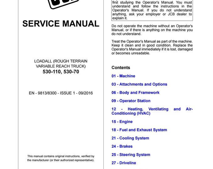 JCB 530-110, 530-70- Service Manual - Parts Manual - Owners Manual (Pdf Download)