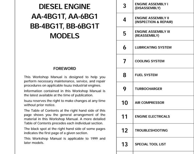 Isuzu Diesel Engine AA-4BG1T, AA-6BG1 Bb-4BG1T, BB-6BG1T - Workshop Manual - Service Manual - Parts Manual - Owners Manual (pdf Download)