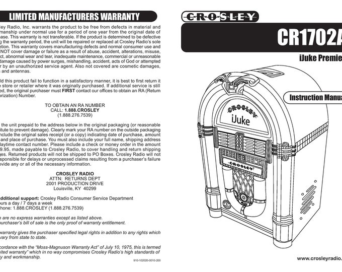 Crosley - iJuke Premier Jukebox User Manual - CR1702A  - Owners Manual - English