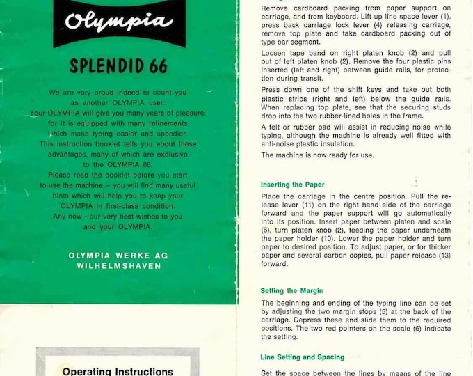Olympia Splendid 66 Typwriter Instruction Manual - User Manual - Complete User Guide