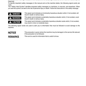 May include: Safety information page with a black and white illustration of a warning sign. The text reads "Danger, Warning, Caution, Notice, Remarks".