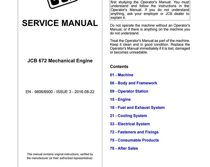 JCB 672 Mechanical Engine  - Workshop Manual - Service Manual- Owners manual  (pdf Download)