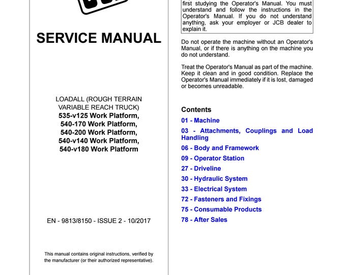JCB Work Platform Service Manual (PDF Download) – 535-v125, 540-170, 540-200, 540-v140, 540-v180