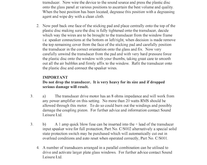 Sound Leisure -   Sound and Speaker Systems - Clear-sound - Transducer - Mini-pro 250 - Snap-frame Talkie  - Operating Instructions