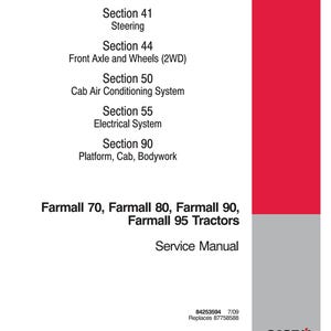 May include: A service manual for Farmall 70, 80, 90, and 95 tractors. The cover is white with red and gray accents. The manual lists sections on steering, front axles, cab air conditioning, electrical systems, and platform/bodywork.