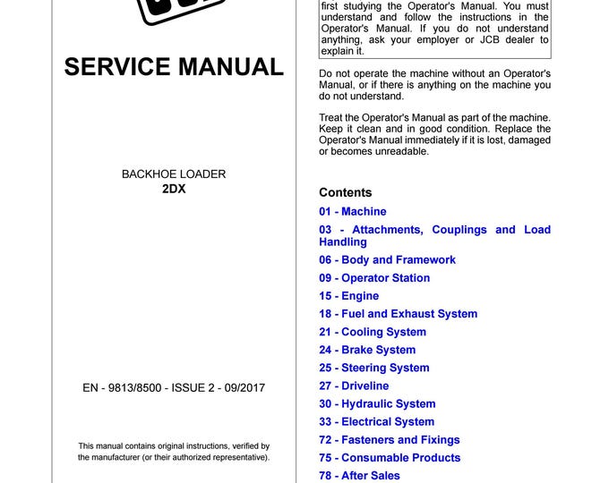 JCB BACKHOE LOADER 2DX - Service Manual - Parts Manual - Owners Manual (Pdf Download)