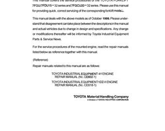 Toyota 7FGU15, 7FGU18, 7FGU20, 7FGU25, 7FGU30, 7FGU32, 7FGCU LPG Forklift Truck Service Repair Manual
