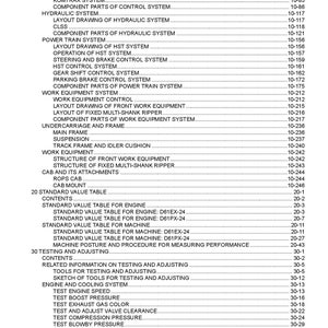May include: A black and white index page with the title "Index and Foreword" and a list of topics and page numbers. The topics include "Control System", "Hydraulic System", "Power Train System", "Work Equipment", "Standard Value Table", and "Testing and Adjusting".